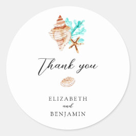 Adesivo Redondo Elegant Coastal Seashell Thank you Beach Wedding