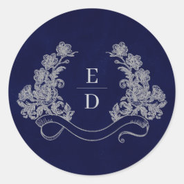 Adesivo Redondo Elegant Crest Monogram Navy Heritage Wedding