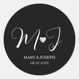 Adesivo Redondo Elegant Custom Black And White Wedding Monogram 