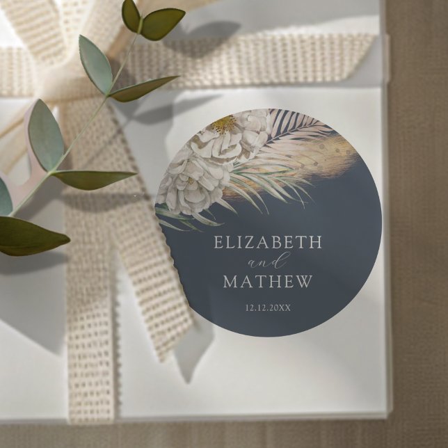 Adesivo Redondo Elegant Dark Blue Pampas Grass Wedding (Criador carregado)