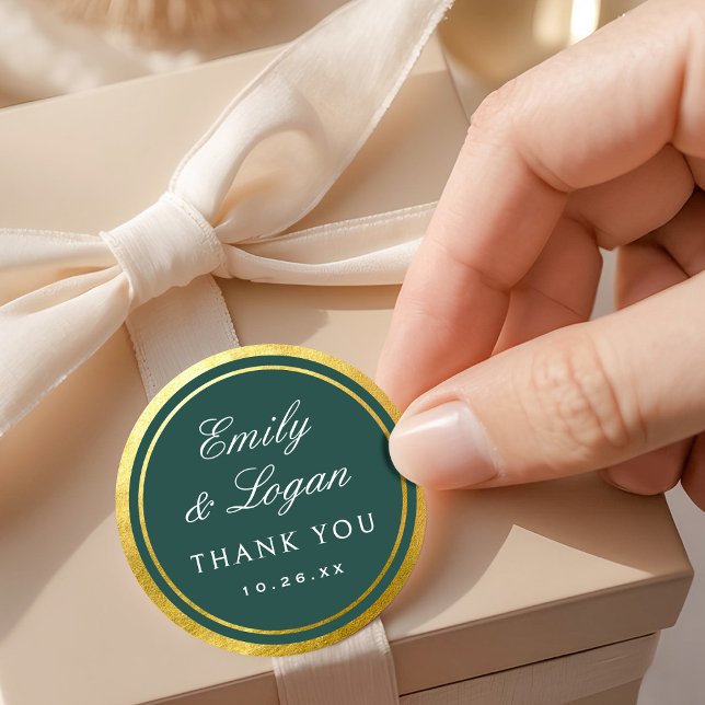Adesivo Redondo Elegant Dark Green Gold Border Wedding (Criador carregado)