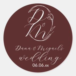 Adesivo Redondo Elegant Delicate Floral Wedding Logo Deep Burgundy