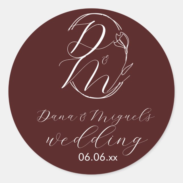 Adesivo Redondo Elegant Delicate Floral Wedding Logo Deep Burgundy (Frente)