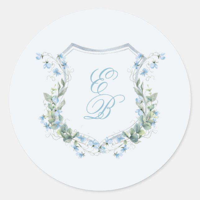 Adesivo Redondo Elegant Dusty Blue Floral Crest Wedding (Frente)