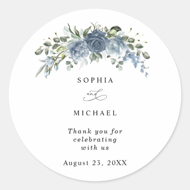 Adesivo Redondo Elegant Dusty Blue Floral Wedding Sticker (Frente)