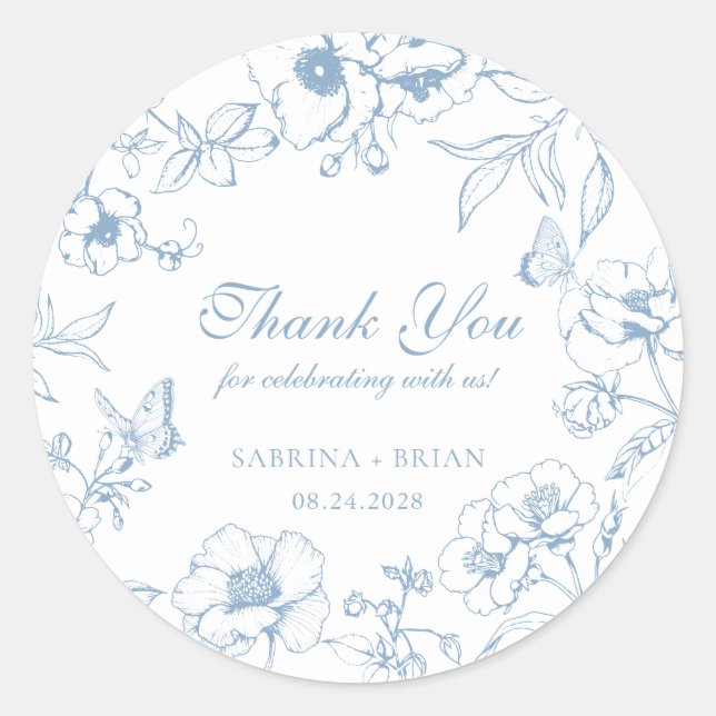 Adesivo Redondo Elegant Dusty Blue Floral Wedding Thank You (Frente)