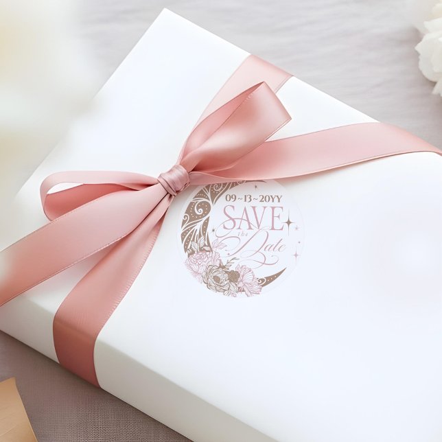 Adesivo Redondo Elegant Floral Celestial Moon Stars Save The Date (Elegant Floral Celestial Moon Stars Save The Date Classic Round Sticker)