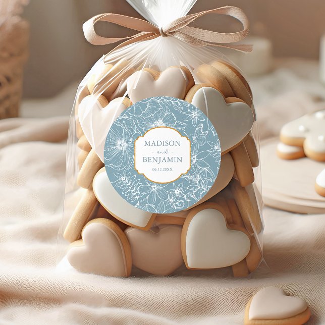 Adesivo Redondo Elegant Floral Garden Gold Dusty Blue Wedding (Criador carregado)