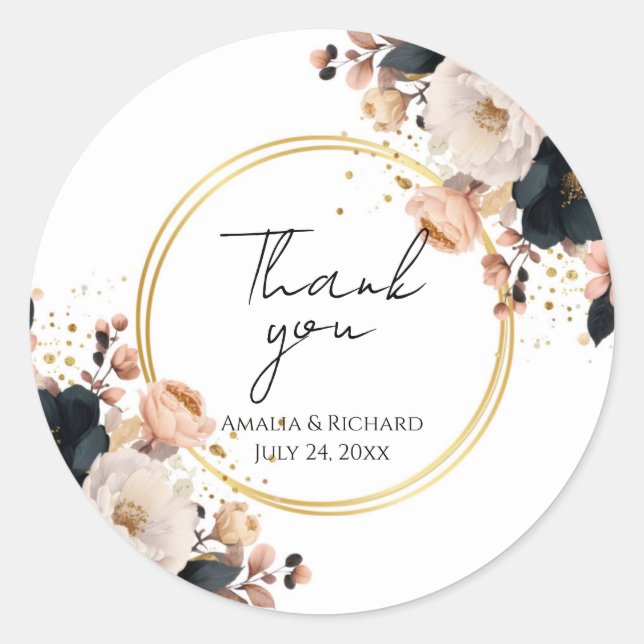Adesivo Redondo Elegant Floral Personalized “Thank You” Wedding (Frente)