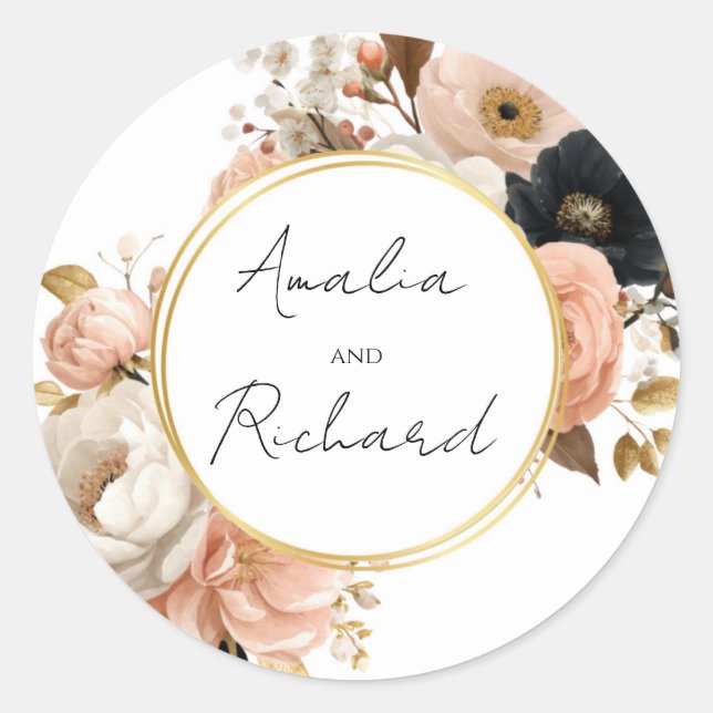 Adesivo Redondo Elegant Floral Personalized Wedding Sticker (Frente)