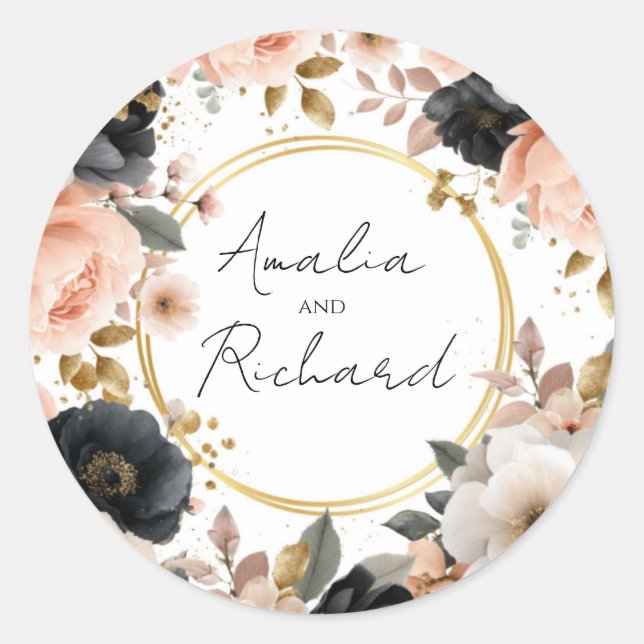 Adesivo Redondo Elegant Floral Personalized Wedding Sticker (Frente)