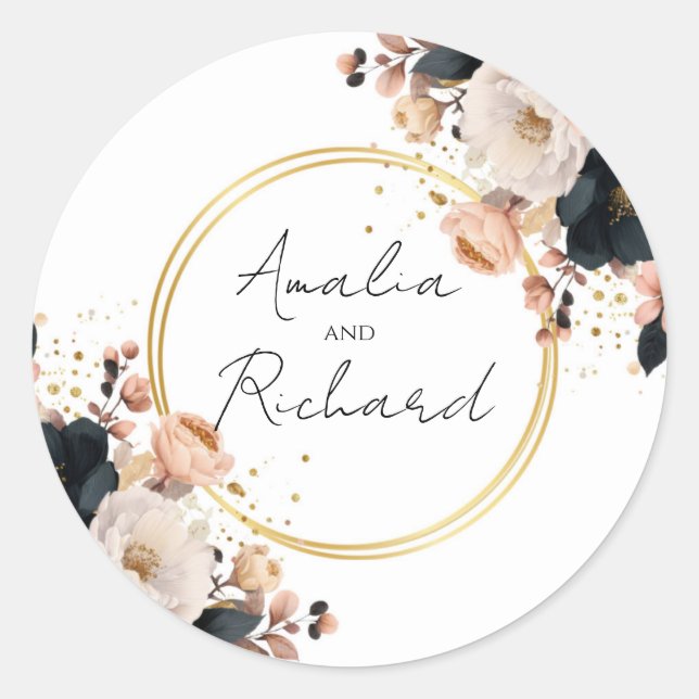 Adesivo Redondo Elegant Floral Personalized Wedding Sticker (Frente)