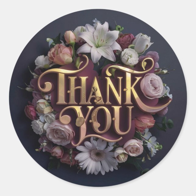 Adesivo Redondo Elegant Floral “Thank You” Gold Lettering Design (Frente)
