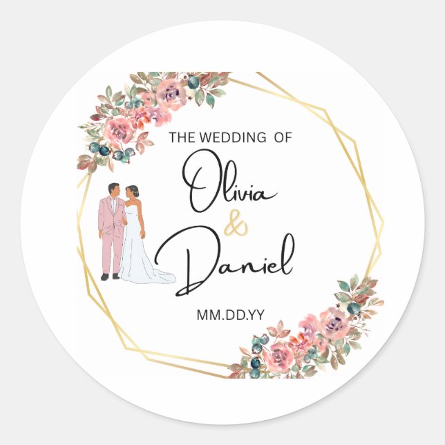 Adesivo Redondo Elegant Floral Wedding Sticker (Frente)