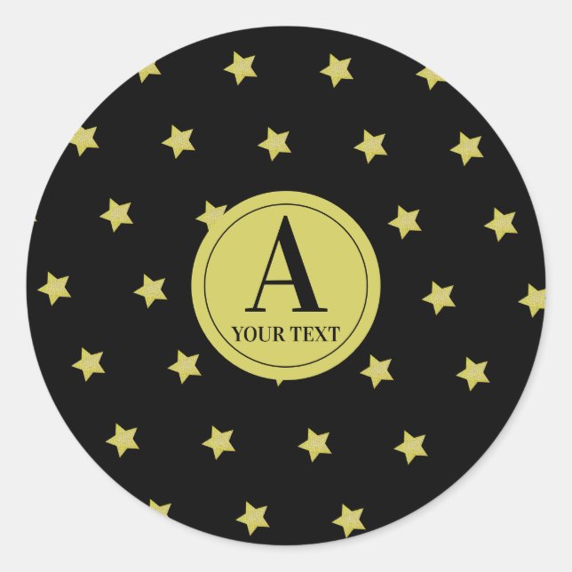 Adesivo Redondo Elegant Gold & Black Star Pattern Monogram (Frente)