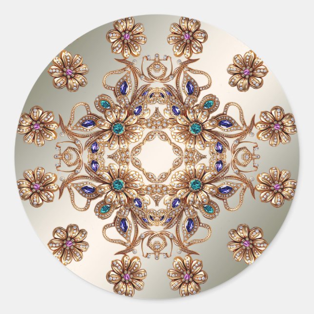 Adesivo Redondo Elegant Gold Jewel Flowers Sticker (Frente)