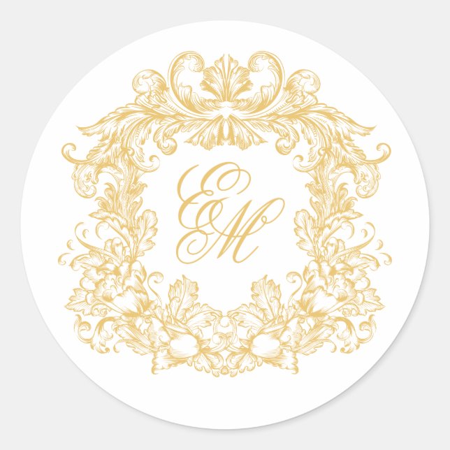 Adesivo Redondo Elegant Gold Monogram Crest Vintage Wedding (Frente)