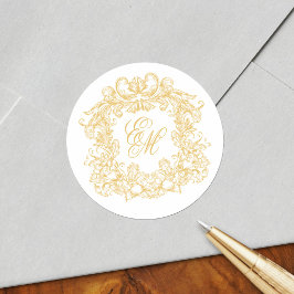 Adesivo Redondo Elegant Gold Monogram Crest Vintage Wedding
