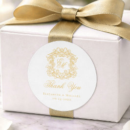 Adesivo Redondo Elegant Gold Monogram Wedding Crest Thank You
