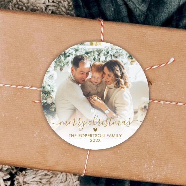Adesivo Redondo Elegant Gold Script Family Photo Merry Christmas  (Criador carregado)