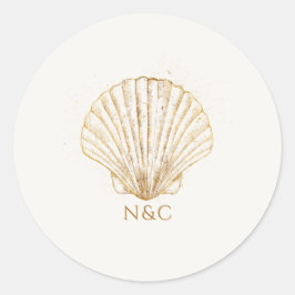 Adesivo Redondo Elegant Gold Seashell Names Initials Wedding