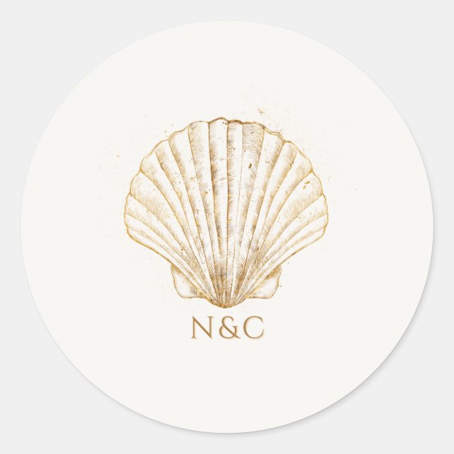 Adesivo Redondo Elegant Gold Seashell Names Initials Wedding (Frente)