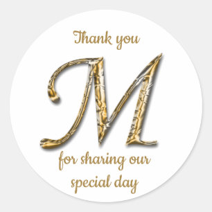 Adesivo Redondo Elegant Gold Silver Letter M Monogram Thank You