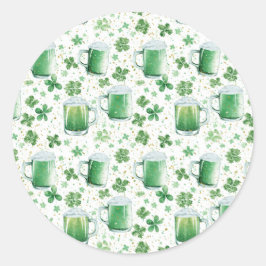Adesivo Redondo Elegant Green Beer Mugs and Shamrocks White