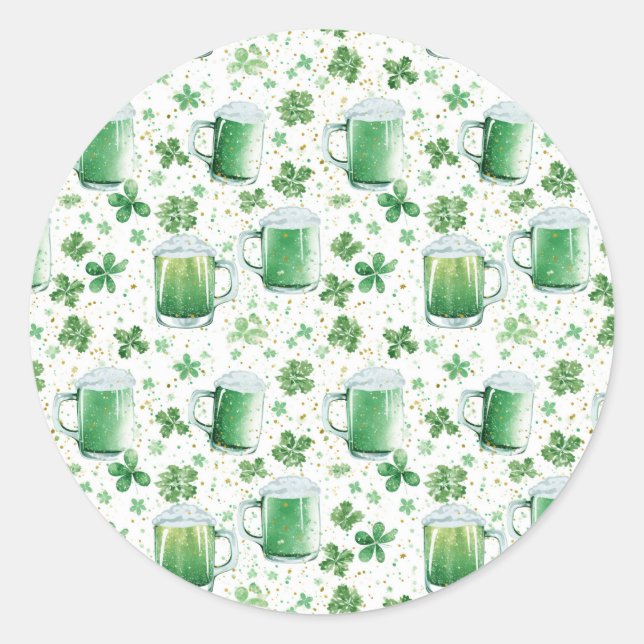 Adesivo Redondo Elegant Green Beer Mugs and Shamrocks White (Frente)