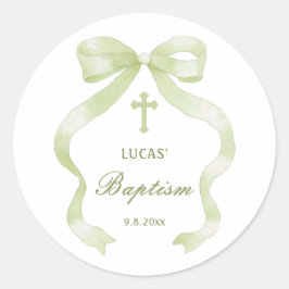 Adesivo Redondo Elegant Green Bow Baptism Classic Round Sticker