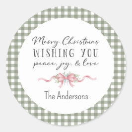 Adesivo Redondo Elegant Green Gingham Plaid Preppy Christmas