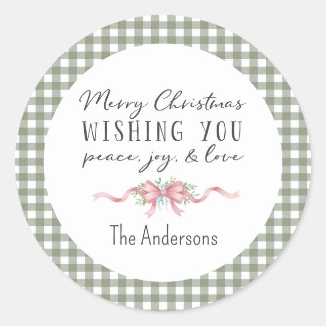 Adesivo Redondo Elegant Green Gingham Plaid Preppy Christmas (Frente)