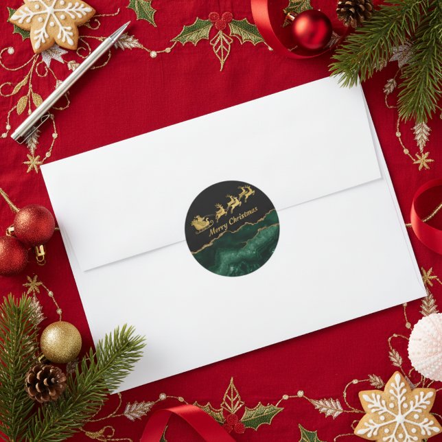 Adesivo Redondo Elegant Green Gold Santa Sleigh Merry Christmas (Criador carregado)