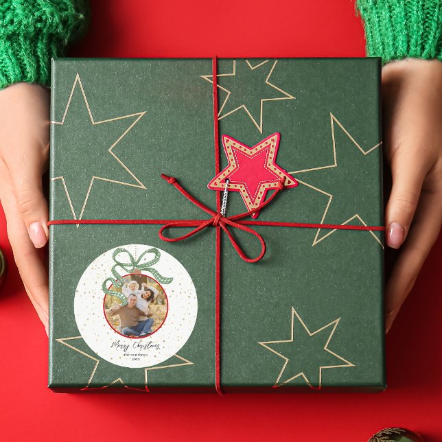 Adesivo Redondo Elegant Green Ribbon Photo Christmas (Criador carregado)