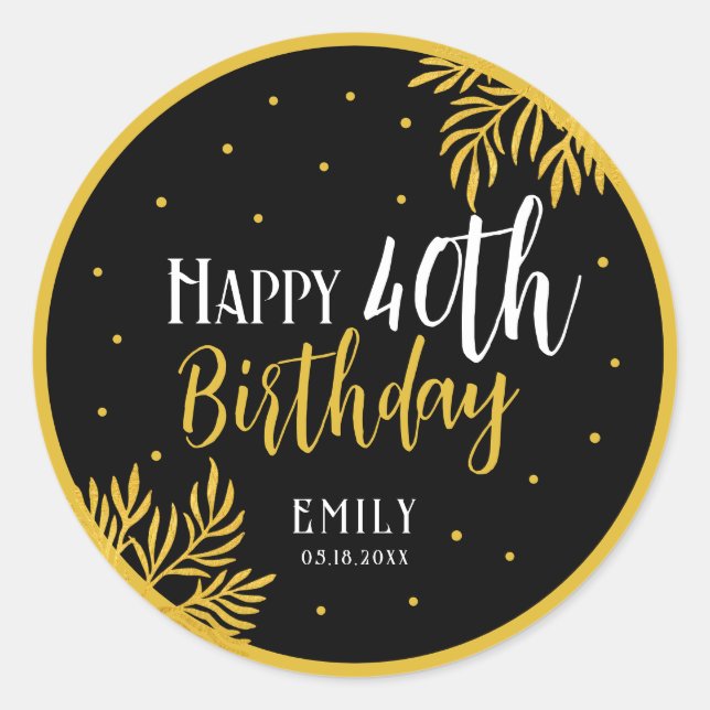 Adesivo Redondo Elegant Happy 40th Birthday Gold Foliage Party (Frente)