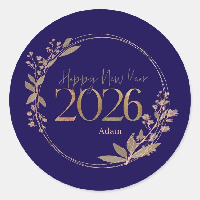 Adesivo Redondo Elegant Happy New Year 2026 Blue & Gold Personaliz (Frente)