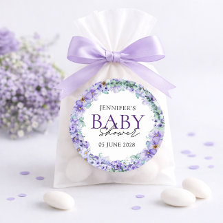 Adesivo Redondo Elegant Lavender Floral Baby Shower Sticker