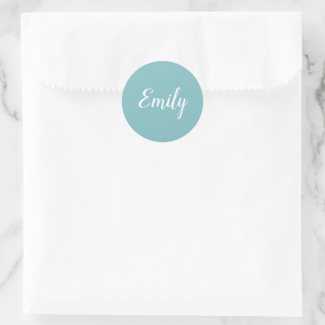 Adesivo Redondo Elegant Light Turquoise Blue Script Cursive Name (Bolsa)