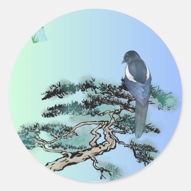 Adesivo Redondo Elegant Magpie Bird Bonsai Aesthetic Sticker  (Frente)
