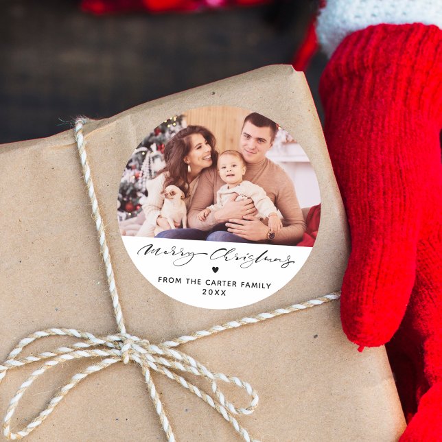 Adesivo Redondo Elegant Merry Christmas Heart Family Photo (Criador carregado)