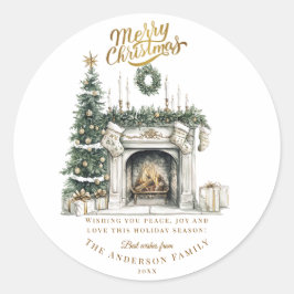 Adesivo Redondo Elegant Merry Christmas Sticker with Fireplace and