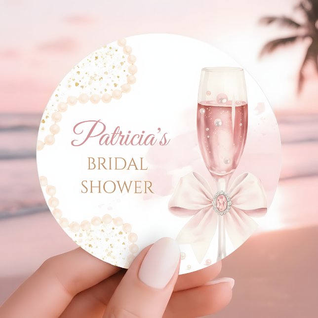 Adesivo Redondo Elegant Modern Pearls & Prosecco Bridal Shower (Criador carregado)