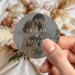 Adesivo Redondo Elegant Modern Photo Wedding<br><div class="desc">Create your own custom wedding stickers featuring modern minimalist typography names on personalized photo background.</div>