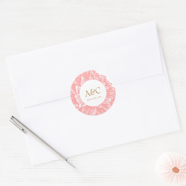 Adesivo Redondo Elegant Monogram Dusty Pink Floral Wedding Sticker (Envelope)