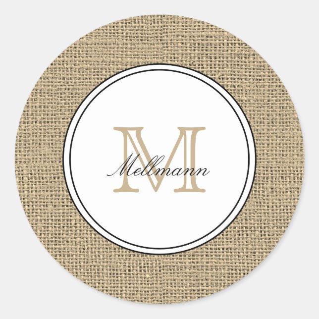 Adesivo Redondo Elegant Monogram Name Country Chic Style Burlap (Frente)