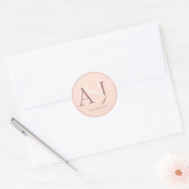 Adesivo Redondo Elegant Monogram Warm Pinkish Earth Tones Wedding (Envelope)