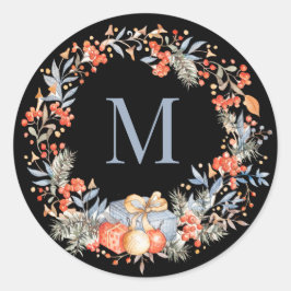 Adesivo Redondo Elegant Monogram Wreath Dusty Blue Modern