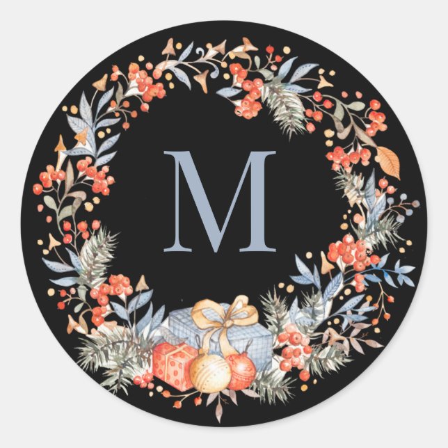 Adesivo Redondo Elegant Monogram Wreath Dusty Blue Modern (Frente)