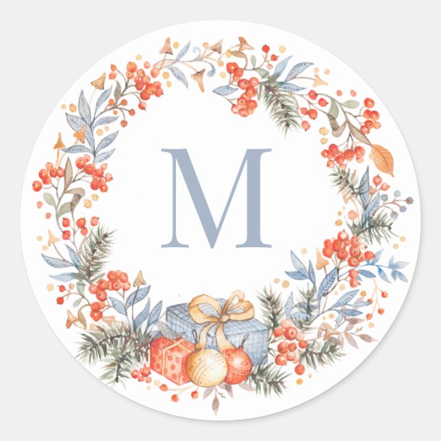 Adesivo Redondo Elegant Monogram Wreath Dusty Blue Modern (Frente)