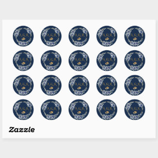 Adesivo Redondo Elegant Navy and Gold Floral Wedding Envelope Seal